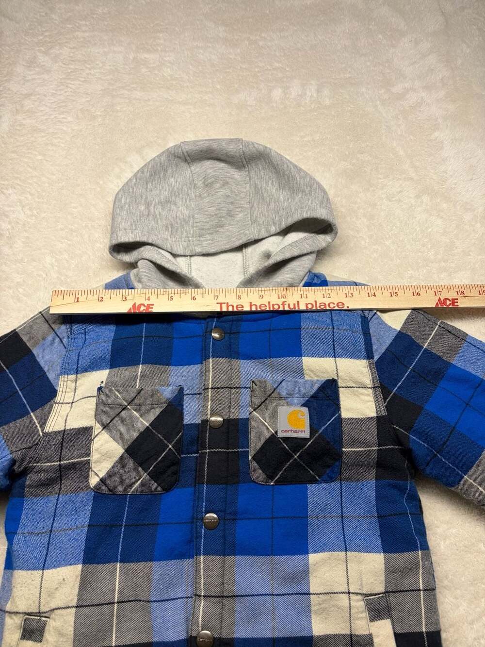 Carhartt Kids Flannel Snap-Front Hooded Shirt Jacket Azure Blue Plaid SMALL 7-8 - Picture 4 of 15